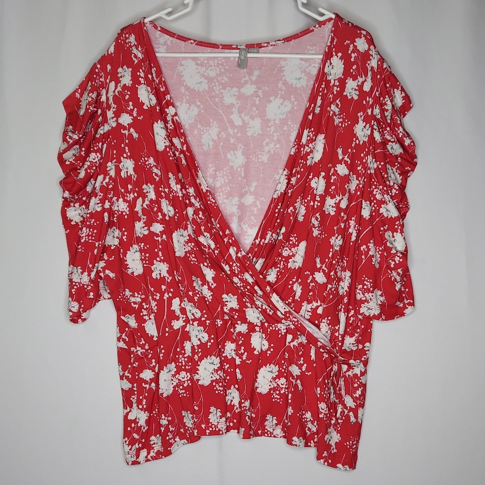Asos Faux Wrap Top‎ Women 3X Red Floral Stretch Short Flutter Sleeve V-Neck